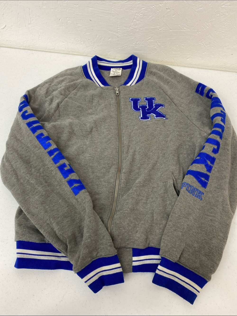 PINK Victoria's Secret Gray & Blue UK Letterman Zip-Up Jacket